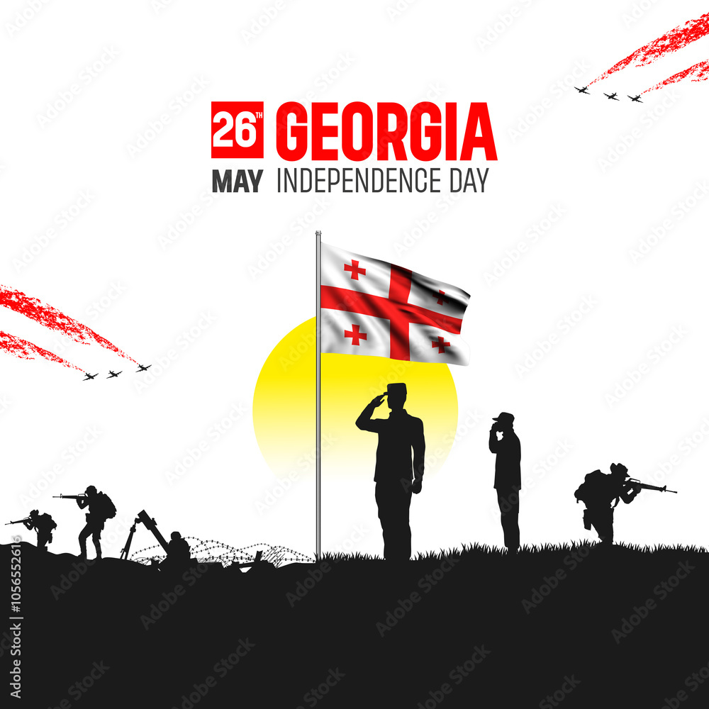 Happy Independence Day! Georgia with the Georgia flag and the Georgia Army and soldier salute of their flag illustration design. Happy Independence Day! Georgia with the Georgia flag and the Georgia Army and soldier salute of their flag illustration design.