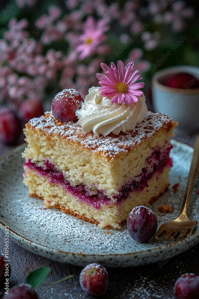 A Slice of Cake with Whipped Cream, a Flower, and Plums A Slice of Cake with Whipped Cream, a Flower, and Plums