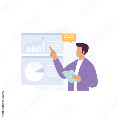 Vector illustration of businessman giving presentation of statistical information about business growth