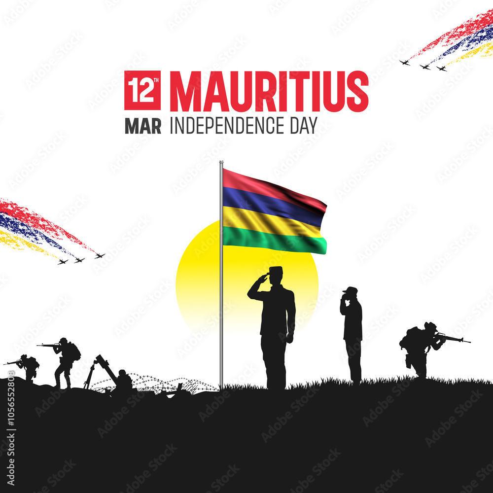 Happy Independence Day! Mauritius with the Mauritius flag and the Mauritius Army and soldier salute of their flag illustration design.
