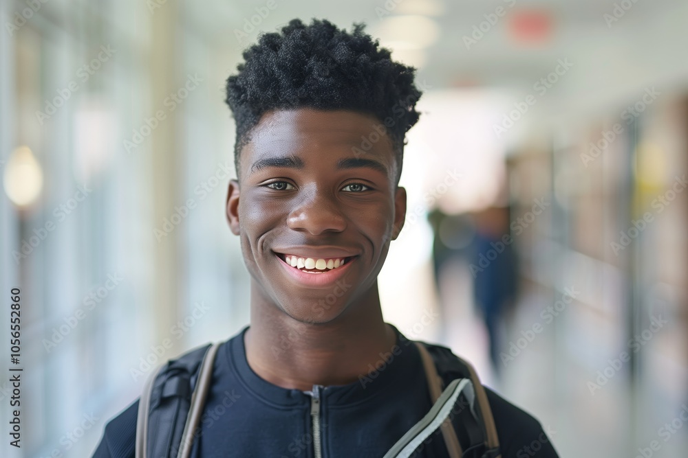 portrait of happy young African American male student smiling in school hallway portrait of happy young African American male student smiling in school hallway