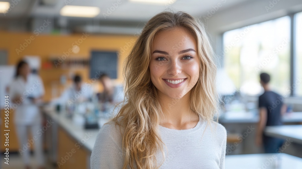 Caucasian businesswoman with long blonde hair smiling in modern laboratory environment with natural lighting Caucasian businesswoman with long blonde hair smiling in modern laboratory environment with natural lighting