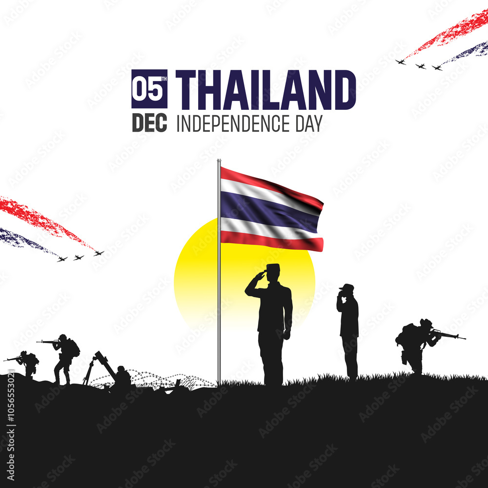 Happy Independence Day! Thailand with the Thailand flag and the Thailand Army and soldier salute of their flag illustration design. Happy Independence Day! Thailand with the Thailand flag and the Thailand Army and soldier salute of their flag illustration design.