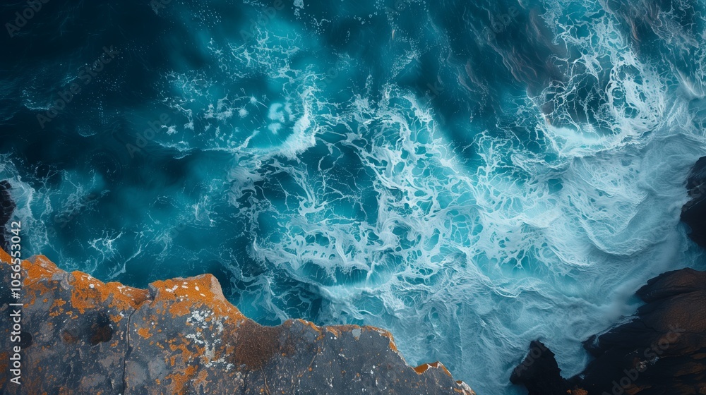Realistic photo of the ocean, rocks and waves, blue sky with white clouds Realistic photo of the ocean, rocks and waves, blue sky with white clouds