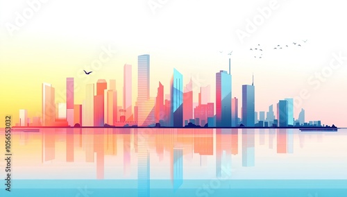 Wallpaper Mural Colorful silhouette of a modern cityscape with skyscrapers reflected in the water at sunset. Torontodigital.ca