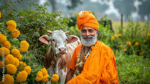 An indian priest with a cow. photo