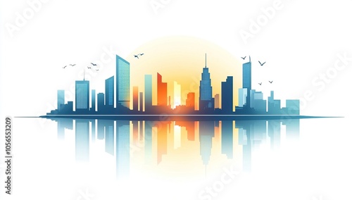 Wallpaper Mural A stylized cityscape silhouette with a sunrise behind it. The skyline is reflected in a body of water. Torontodigital.ca