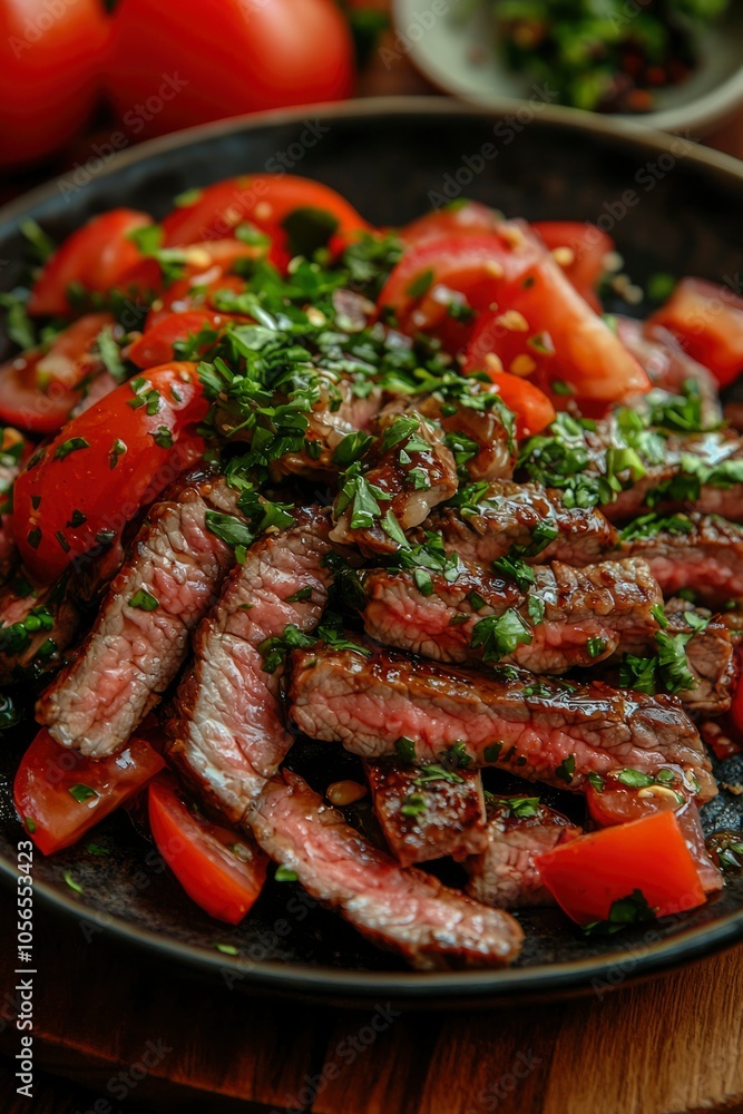 Sliced Steak with Tomatoes and Parsley on a Black Plate Sliced Steak with Tomatoes and Parsley on a Black Plate
