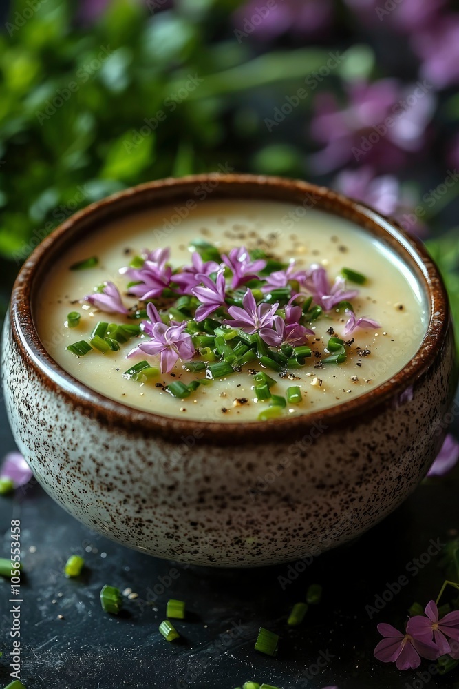 Creamy Soup with Purple Flowers and Green Onions Creamy Soup with Purple Flowers and Green Onions