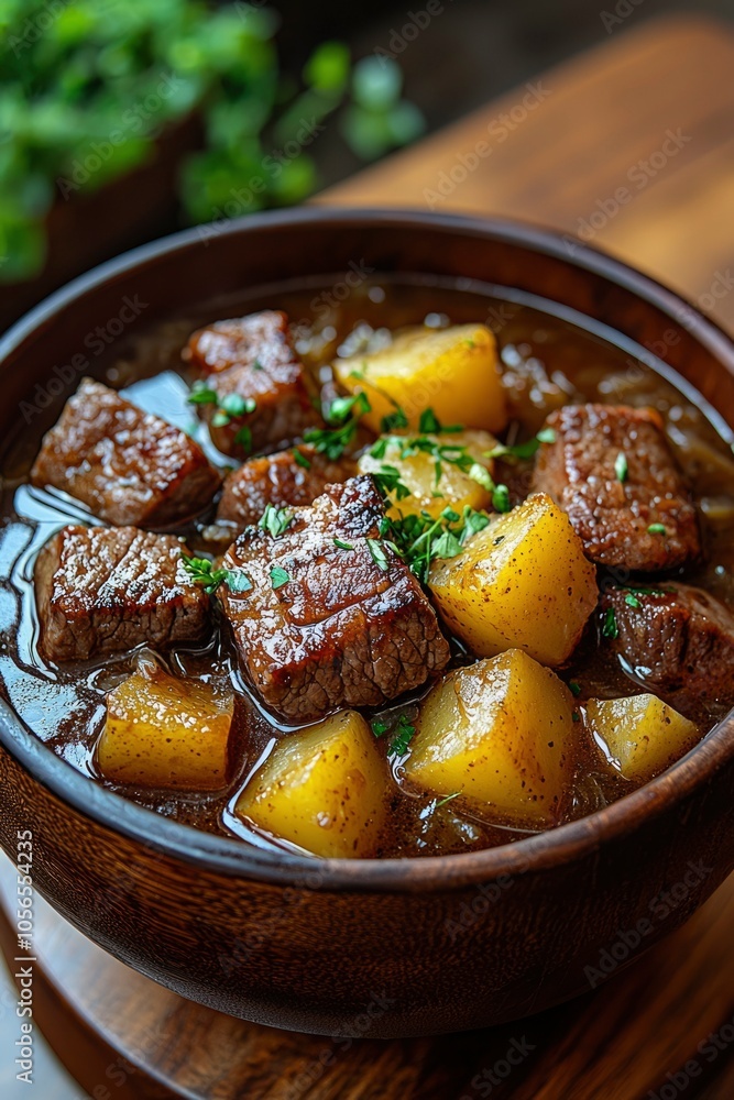 Beef and Potato Stew in a Wooden Bowl Beef and Potato Stew in a Wooden Bowl