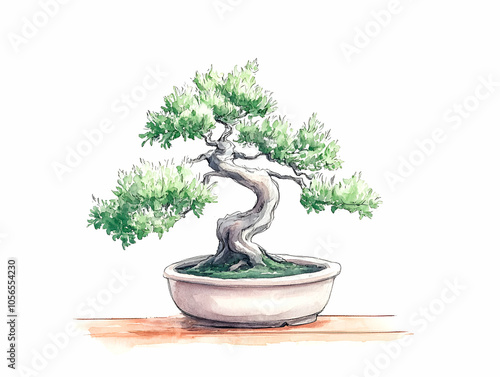 Bonsai tree, artistic painting, white isolated background