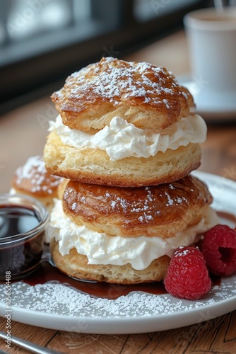 Cream Puffs with Whipped Cream, Chocolate Sauce, and Raspberries photo