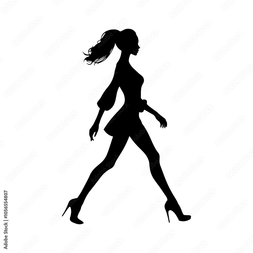 Vector illustration. Silhouette of a girl on a white background. On heels goes sideways. Vector illustration. Silhouette of a girl on a white background. On heels goes sideways.