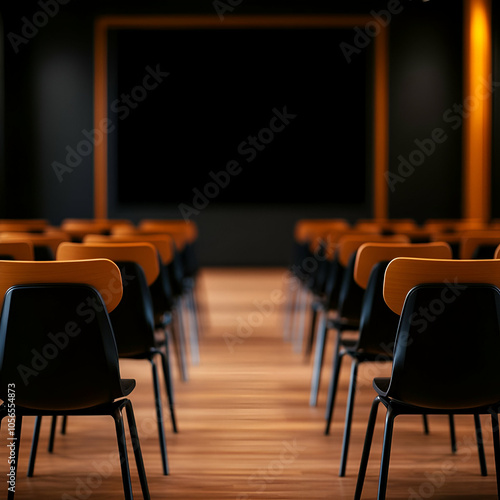 Empty conference room with black walls and wooden floor, chairs aligned.