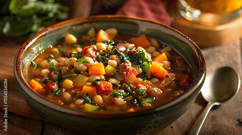 A hearty breakfast soup with vegetables and beans