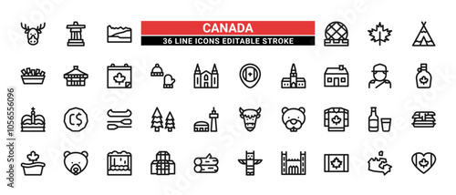 36 Canada Line Icons Set Pack Editable Stroke Vector Illustration.	