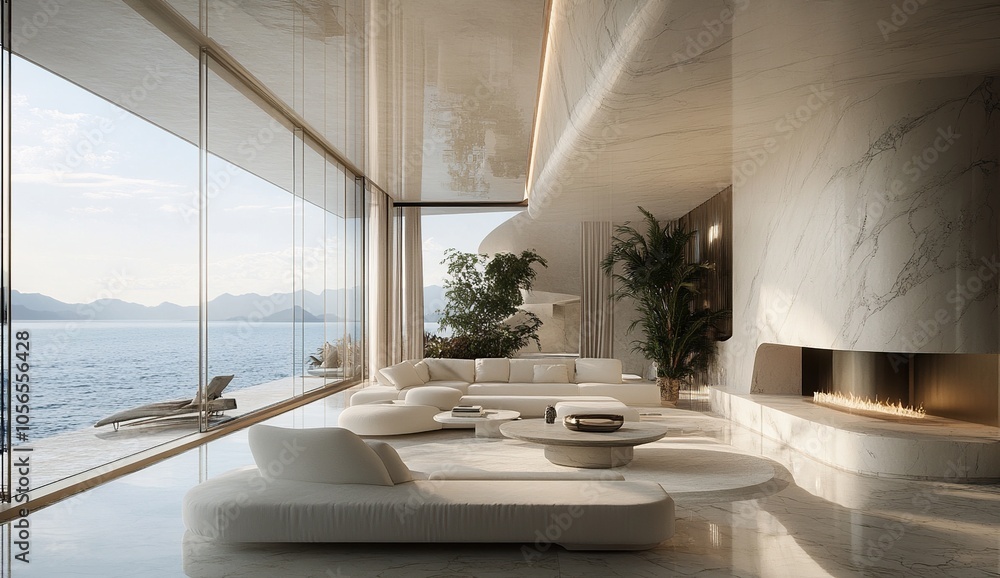 Modern living room with white furniture and large windows overlooking the ocean. Modern living room with white furniture and large windows overlooking the ocean.