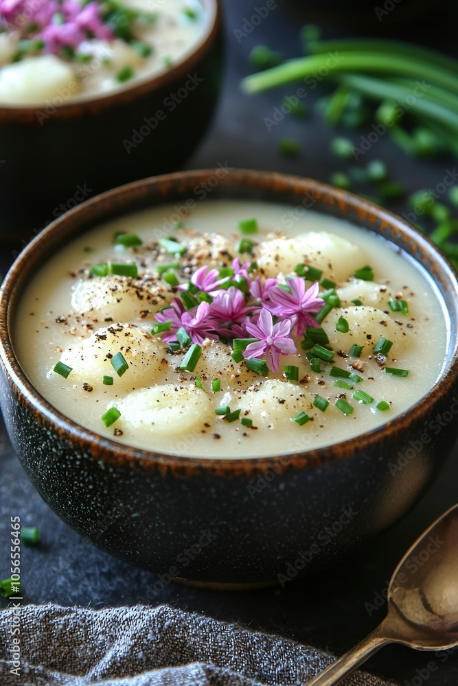 Creamy Soup with Onion Dumplings, Chives, and Flowers Creamy Soup with Onion Dumplings, Chives, and Flowers