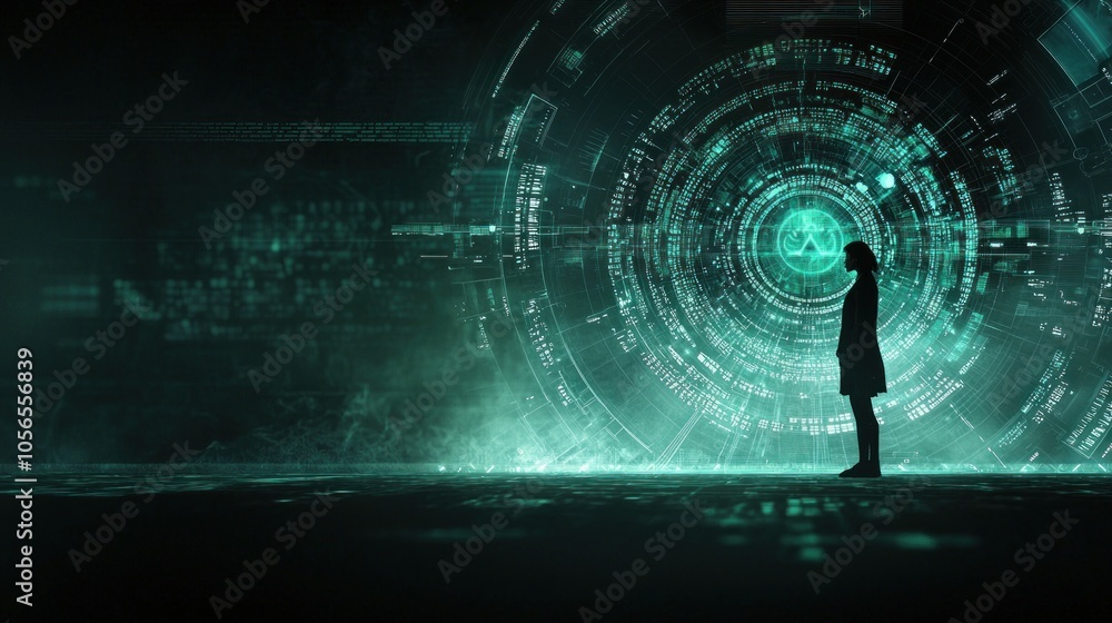 Innovative programmer standing alone in a futuristic digital landscape representing the intersection of technology and human insight amidst a vibrant green glow Innovative programmer standing alone in a futuristic digital landscape representing the intersection of technology and human insight amidst a vibrant green glow
