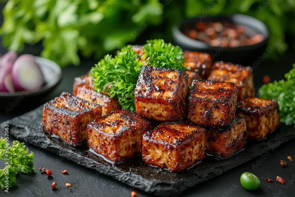 Close-up of Crispy Glazed Tofu Cubes on Slate Plate Close-up of Crispy Glazed Tofu Cubes on Slate Plate
