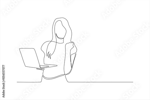 A minimalist line drawing of a woman sitting with a laptop, conveying a sense of focus and productivity.