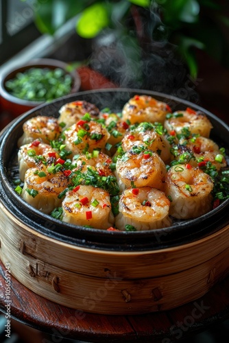 Steaming Shrimp Dumplings in a Bamboo Steamer