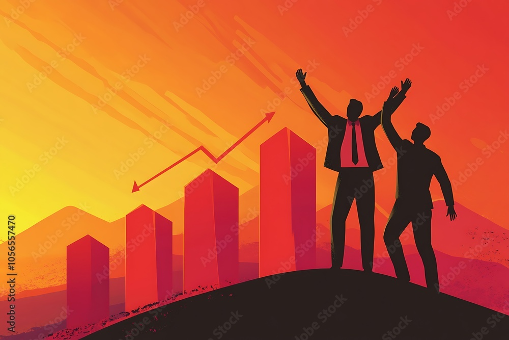 Business Growth: Two Businessmen Celebrate Success on Top of Bar Graph, Rising Above Competition Business Growth: Two Businessmen Celebrate Success on Top of Bar Graph, Rising Above Competition