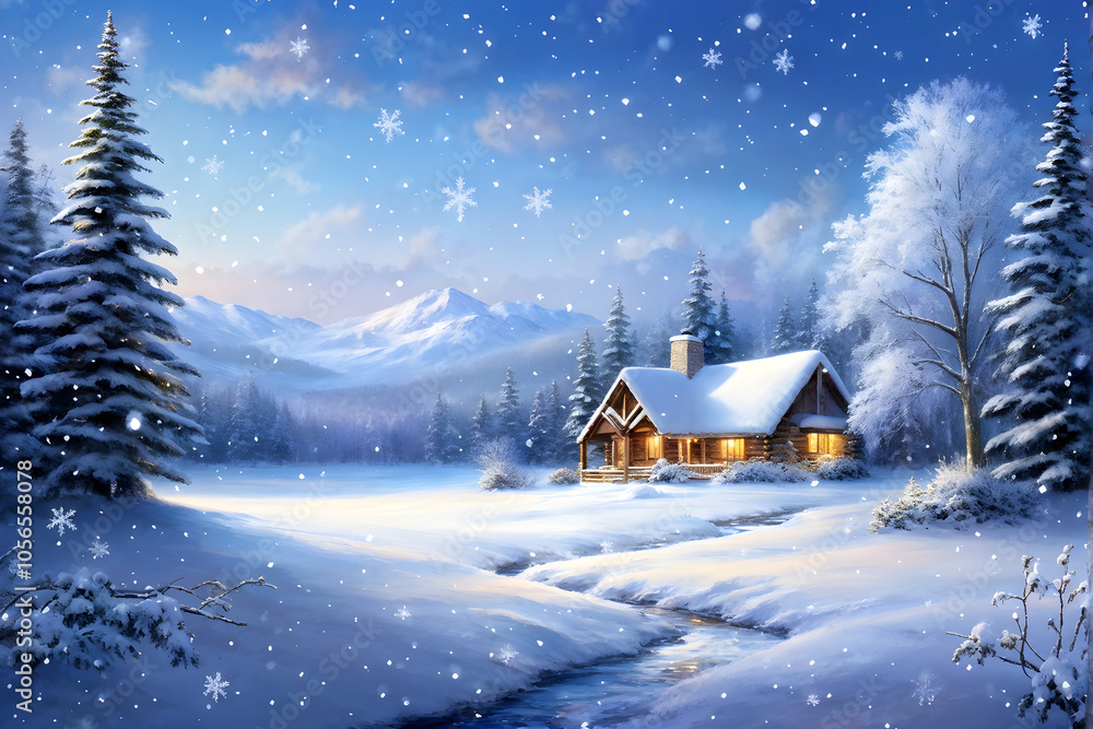 Illustration of the house scenery that feels warm on a snowy cold winter Christmas, christmas house in the forest, christmas tree with gifts and decorations, christmas window in the snow Illustration of the house scenery that feels warm on a snowy cold winter Christmas, christmas house in the forest, christmas tree with gifts and decorations, christmas window in the snow