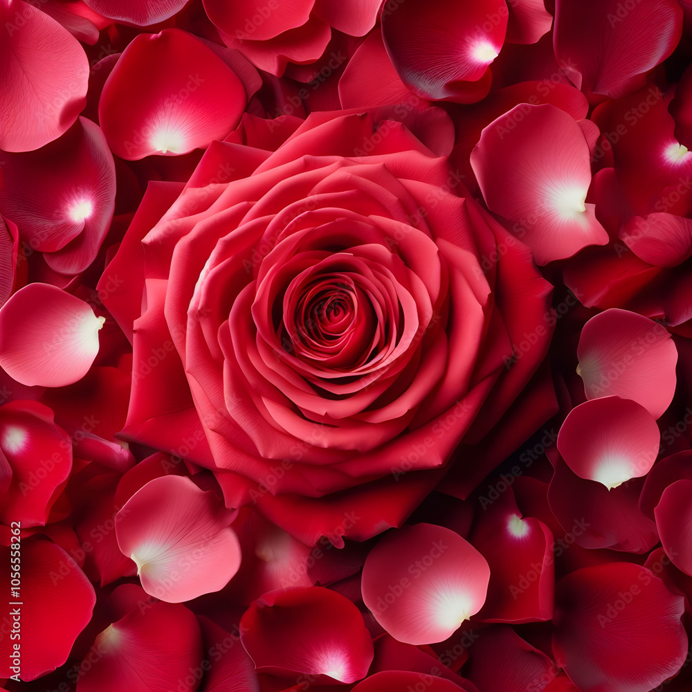 Vibrant red rose bloom surrounded by petals Vibrant red rose bloom surrounded by petals