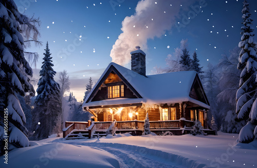 Illustration of the house scenery that feels warm on a snowy cold winter Christmas, christmas house in the forest, christmas tree with gifts and decorations, christmas window in the snow