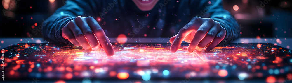 Person Smiling Using Holographic Touchpad Bokeh Interface Digital Art Image Happiness Technology Work From Home Concept Advanced Interaction Zoom In Focus Person Smiling Using Holographic Touchpad Bokeh Interface Digital Art Image Happiness Technology Work From Home Concept Advanced Interaction Zoom In Focus