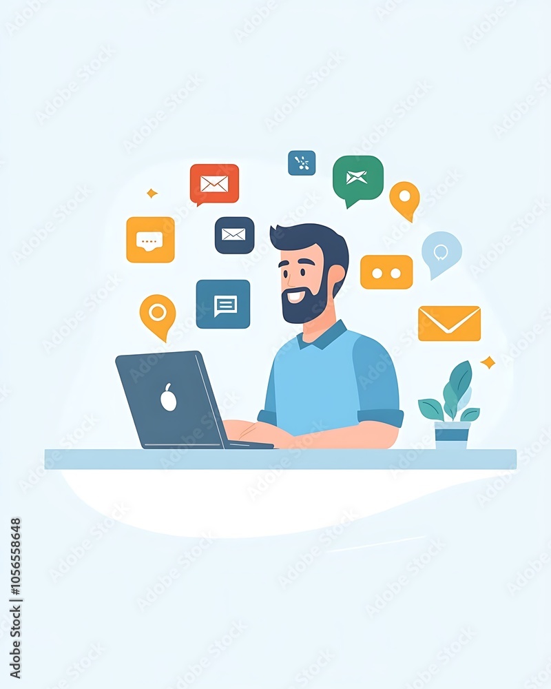 Man Working on Laptop with Notifications, Communication, and Social Media Icons Man Working on Laptop with Notifications, Communication, and Social Media Icons