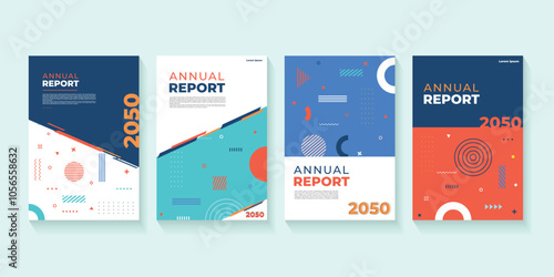 Abstract geometric on white, orange, turquoise and dark blue background. A4 size book cover template for annual report, magazine, booklet, proposal, portfolio, brochure, poster