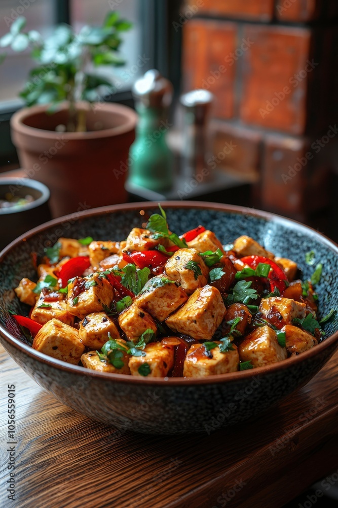 A Bowl of Tofu with Red Peppers, Onions, and Herbs