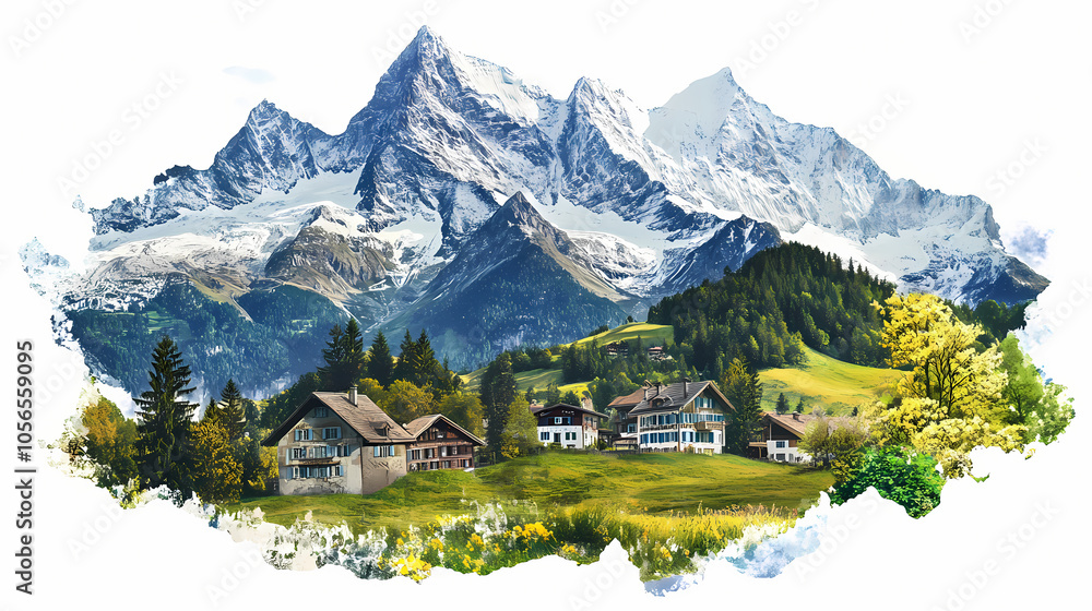 A collage of the swiss alps made of mixed media isolated on white, png. Collage Mixed Media. Illustration A collage of the swiss alps made of mixed media isolated on white, png. Collage Mixed Media. Illustration