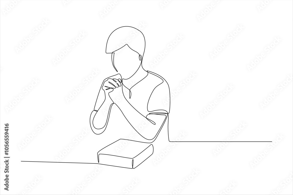 A line art illustration of a person with clasped hands, sitting at a table with a book. A line art illustration of a person with clasped hands, sitting at a table with a book.