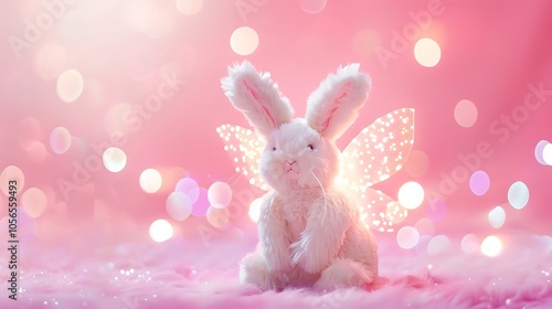 A plushie bunny with glowing fairy wings on pink background