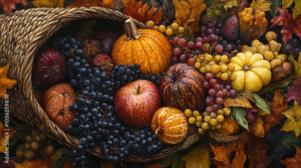 A painting of a pumpkin and apple in a basket with other fruits and vegetables A painting of a pumpkin and apple in a basket with other fruits and vegetables