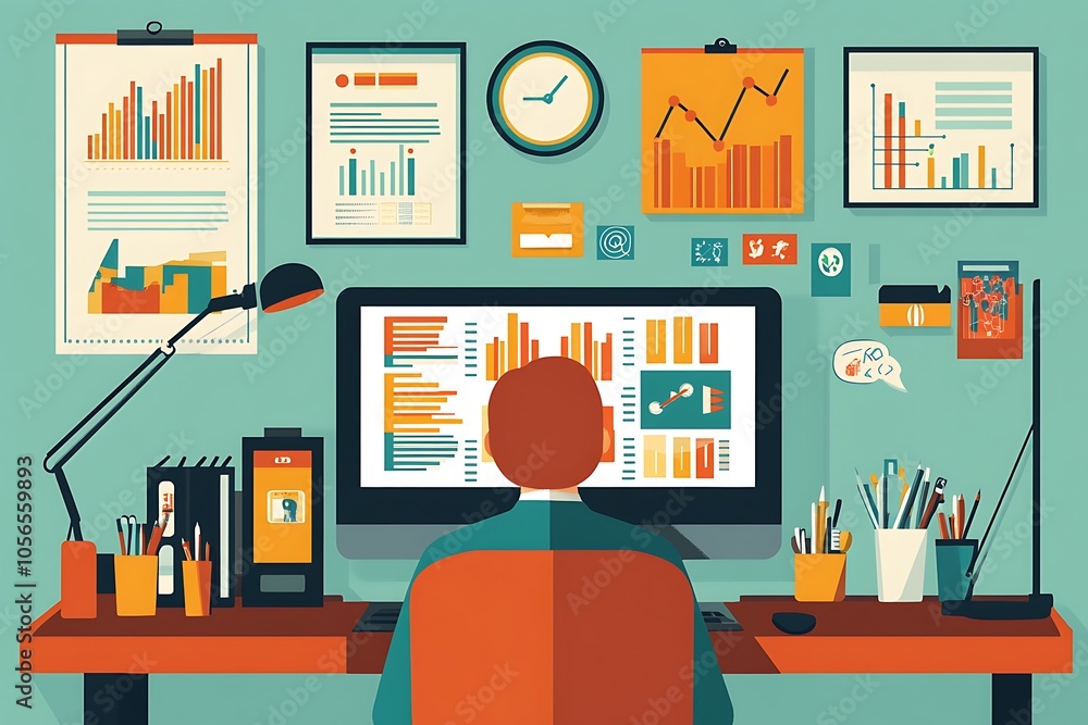 Analyzing Data on a Computer at a Desk with Charts and Graphs Analyzing Data on a Computer at a Desk with Charts and Graphs