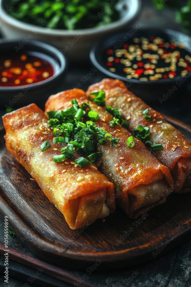 Three Crispy Fried Spring Rolls Topped with Green Onions and Sesame Seeds Three Crispy Fried Spring Rolls Topped with Green Onions and Sesame Seeds