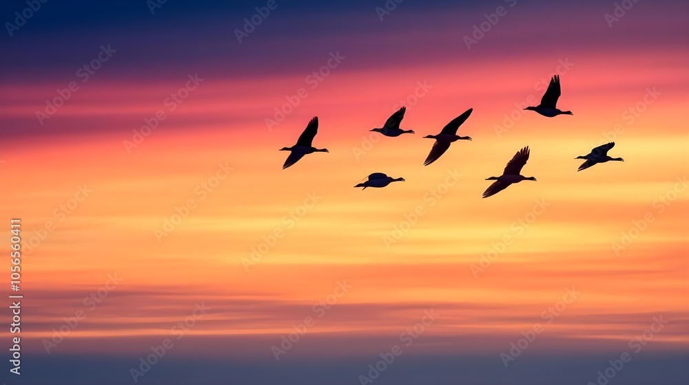 Obraz premium Geese Flying Sunset Sky