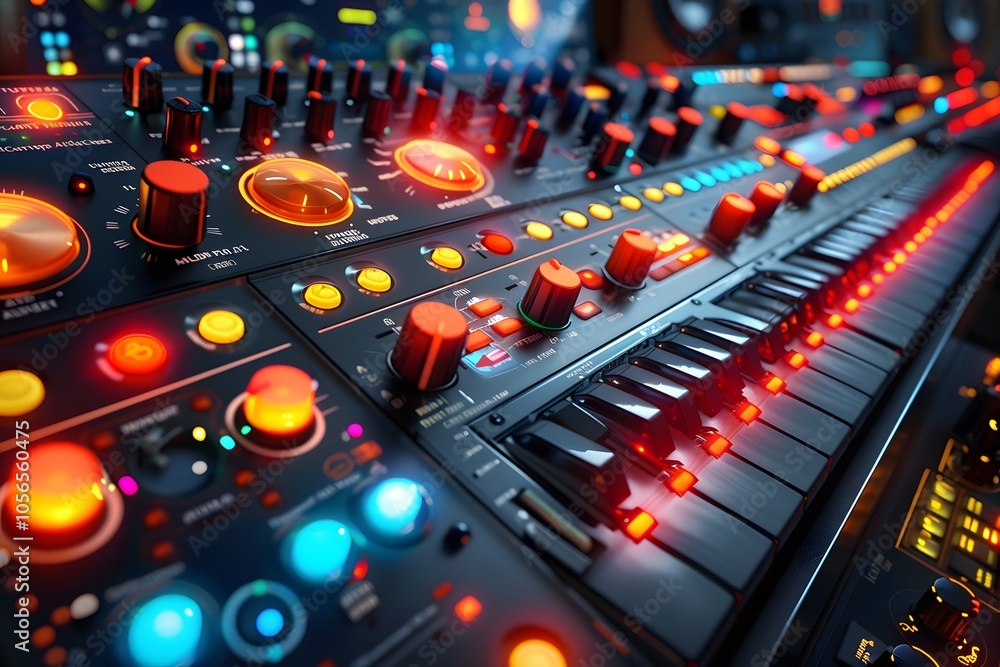 Bright neon LED levels and keyboards on technical music devices. Bright neon LED levels and keyboards on technical music devices.