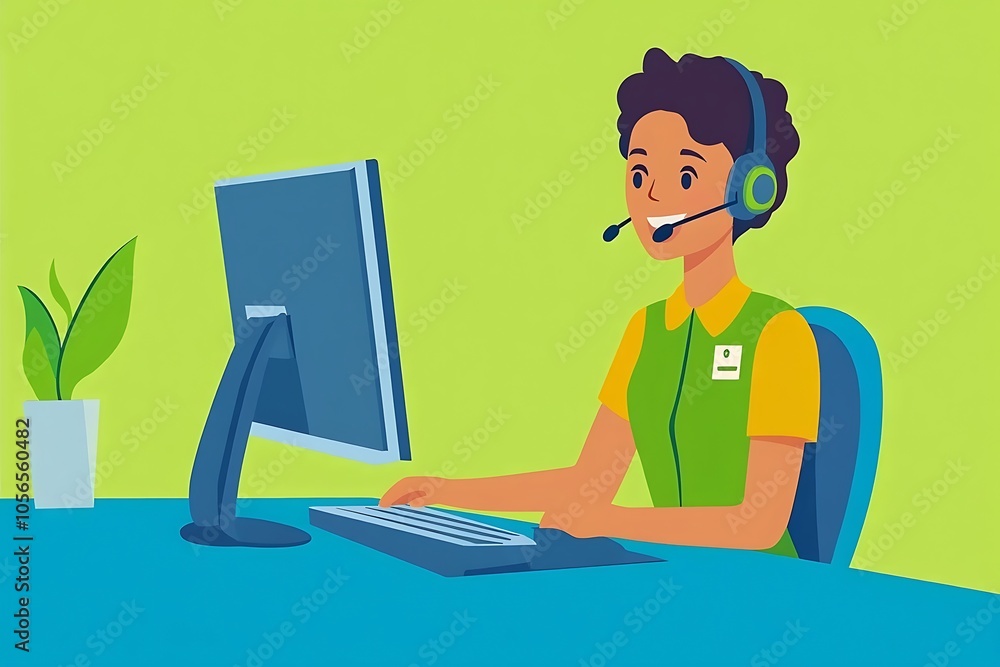 Customer Service Representative Using a Computer and Headset to Answer Questions and Provide Support Customer Service Representative Using a Computer and Headset to Answer Questions and Provide Support