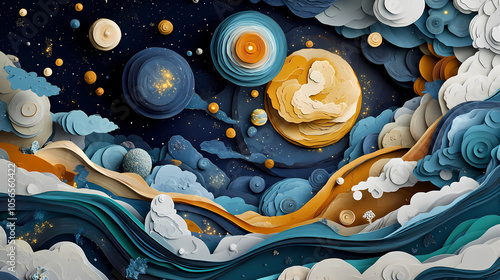 A fusion of art and technology, showcasing a heavenly galaxy composition inside a meticulously detailed paper cutout piece generated by ai. Paper Cutout Art. Illustration photo