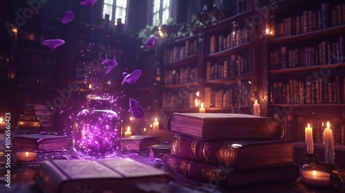 Mystical library filled with ancient spellbooks