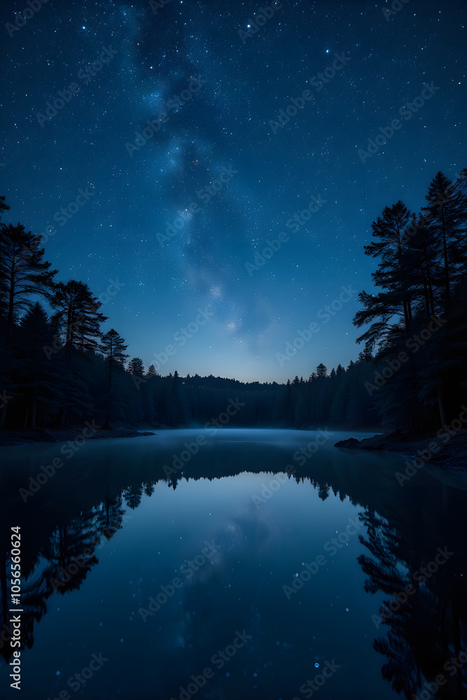 Starlit night sky reflected in serene lake amidst forest Starlit night sky reflected in serene lake amidst forest