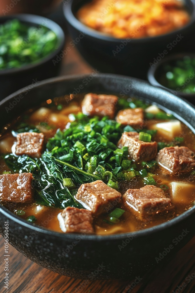 Close-up of a Bowl of Beef Noodle Soup with Green Onions and Spinach Close-up of a Bowl of Beef Noodle Soup with Green Onions and Spinach