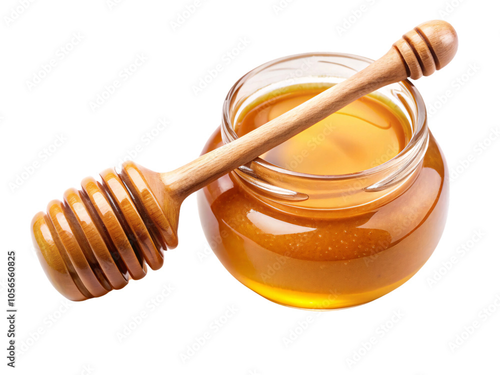 A glass jar filled with thick honey, paired with a wooden dipper, showcasing the golden hue of this natural delicacy, set against a transparent background A glass jar filled with thick honey, paired with a wooden dipper, showcasing the golden hue of this natural delicacy, set against a transparent background