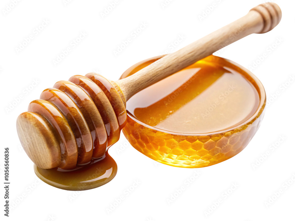 A golden honey dish with a wooden dipper dripping rich, amber honey, symbolizing sweetness and natural richness, set against a transparent background A golden honey dish with a wooden dipper dripping rich, amber honey, symbolizing sweetness and natural richness, set against a transparent background