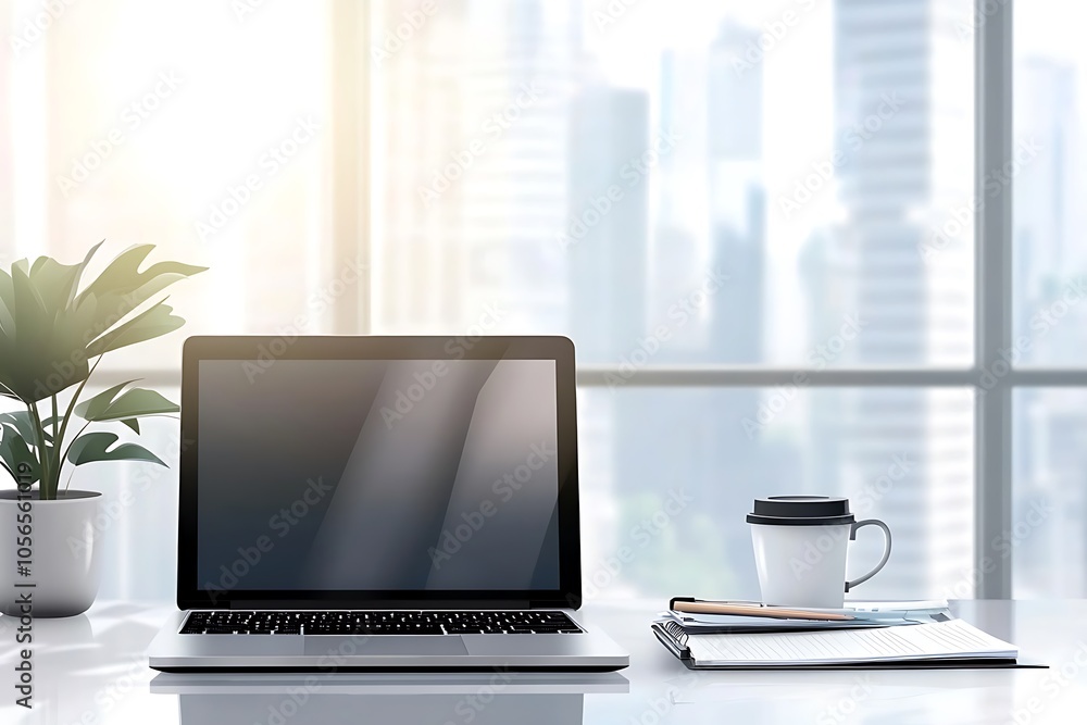 Laptop, Desk, and Cup of Coffee in a Modern Office Laptop, Desk, and Cup of Coffee in a Modern Office
